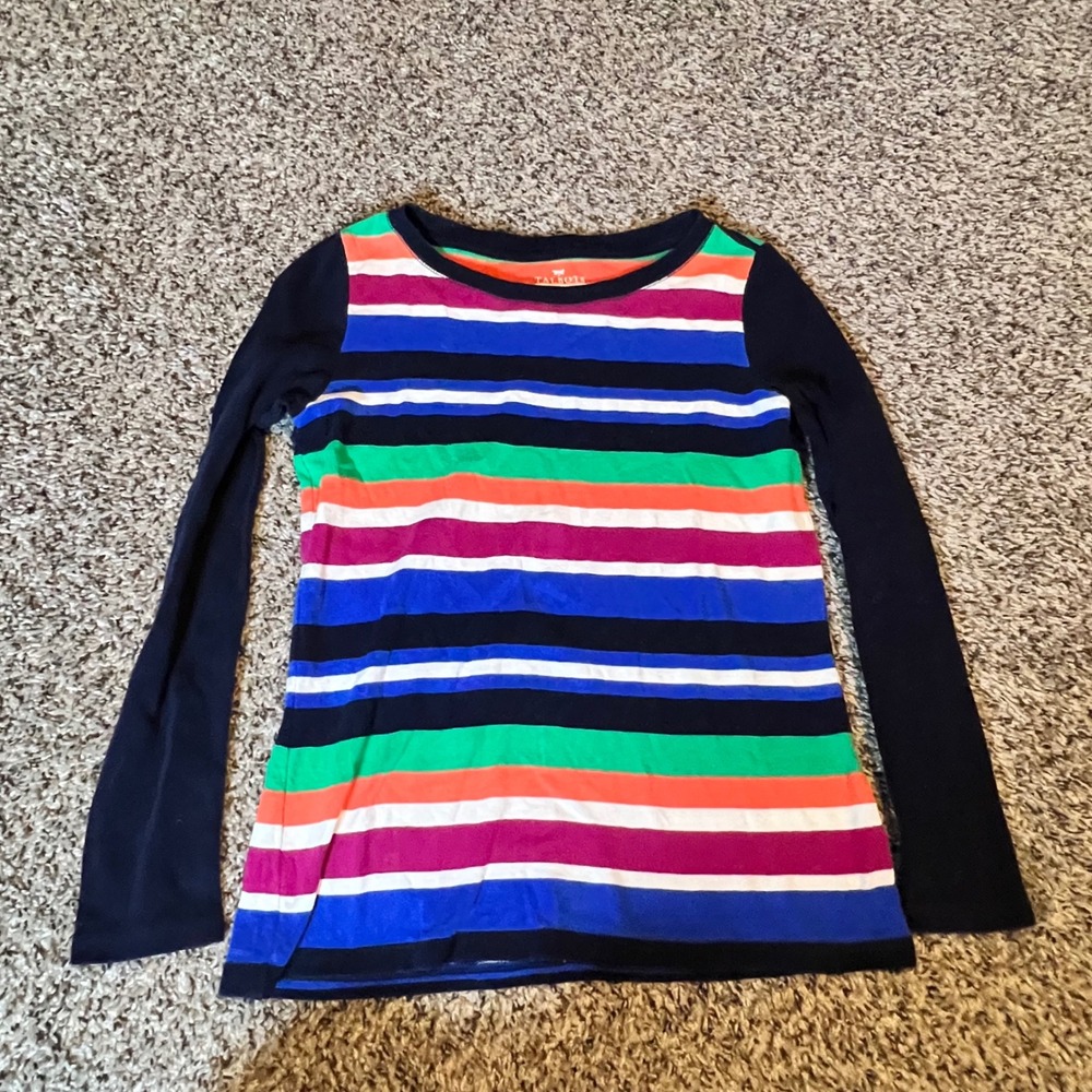 Talbots Petites Multicolor Striped Long Sleeve Cotton Crew Neck Top SP Navy Blue
